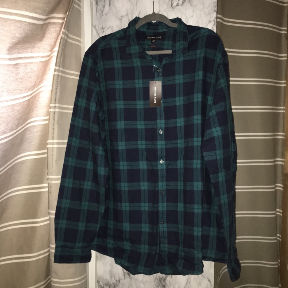 Michael Kors Mens Button Down Flannel Large Teal